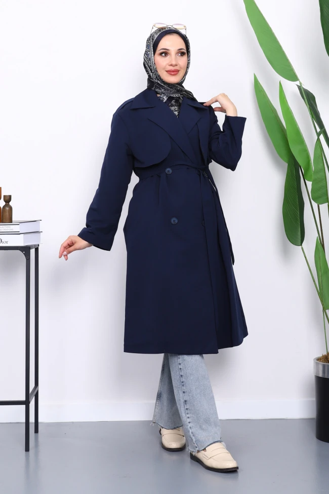 Lacivert Kravuze Yaka Kuşaklı  Cepli Trençkot