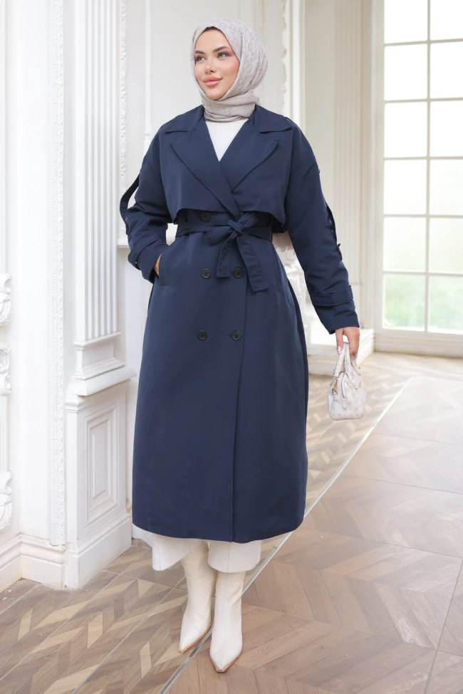 Lacivert Kruvaze Yaka Bel Kuşaklı Trençkot