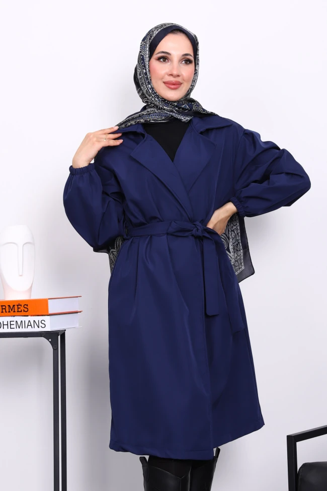 Lacivert Kruvaze Yaka Kuşaklı Trençkot