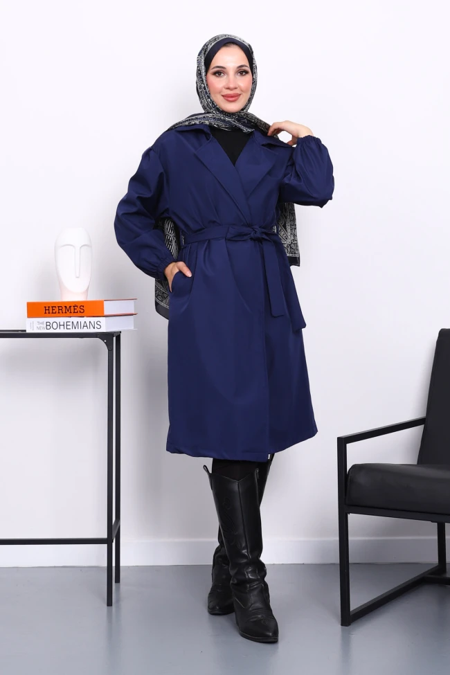 Lacivert Kruvaze Yaka Kuşaklı Trençkot