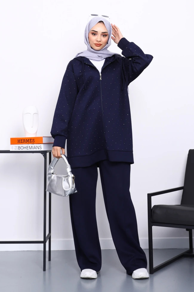 Lacivert Taşlı Scuba Tunik Pantolonlu Takım