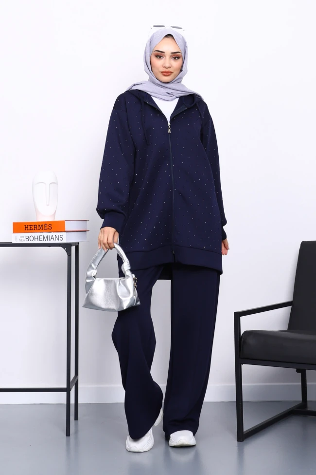 Lacivert Taşlı Scuba Tunik Pantolonlu Takım