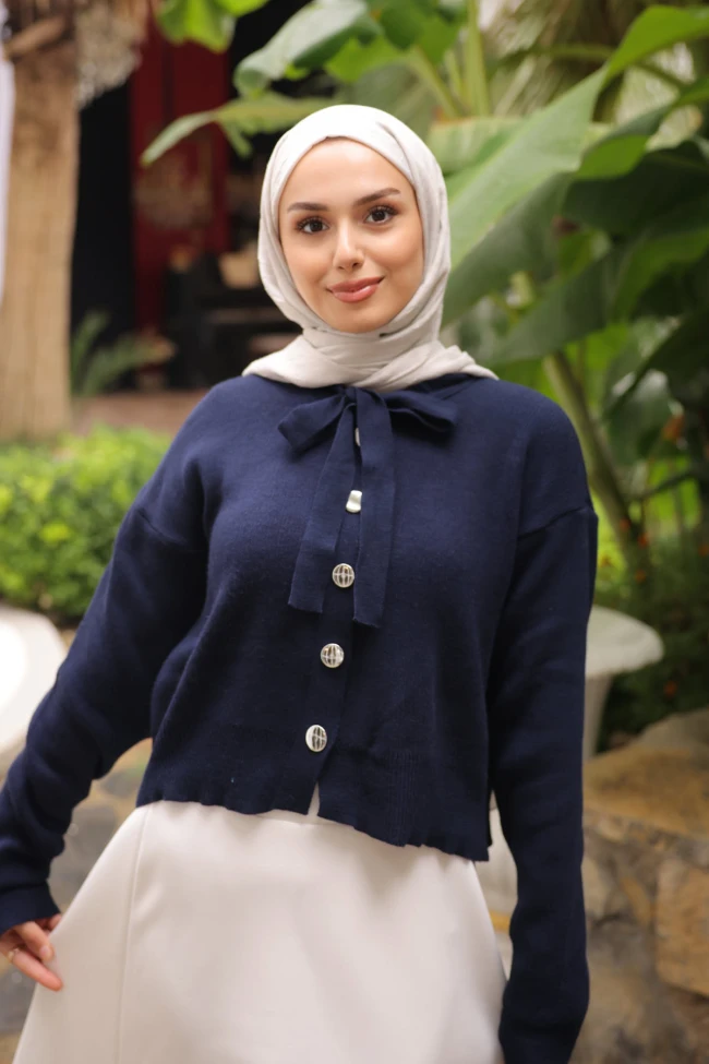 Lacivert Yaka Bağlamalı Düğmeli Triko Hırka