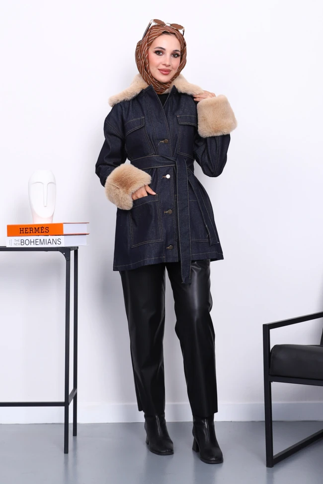 Lacivert Yaka Kol Peluş Kot Ceket