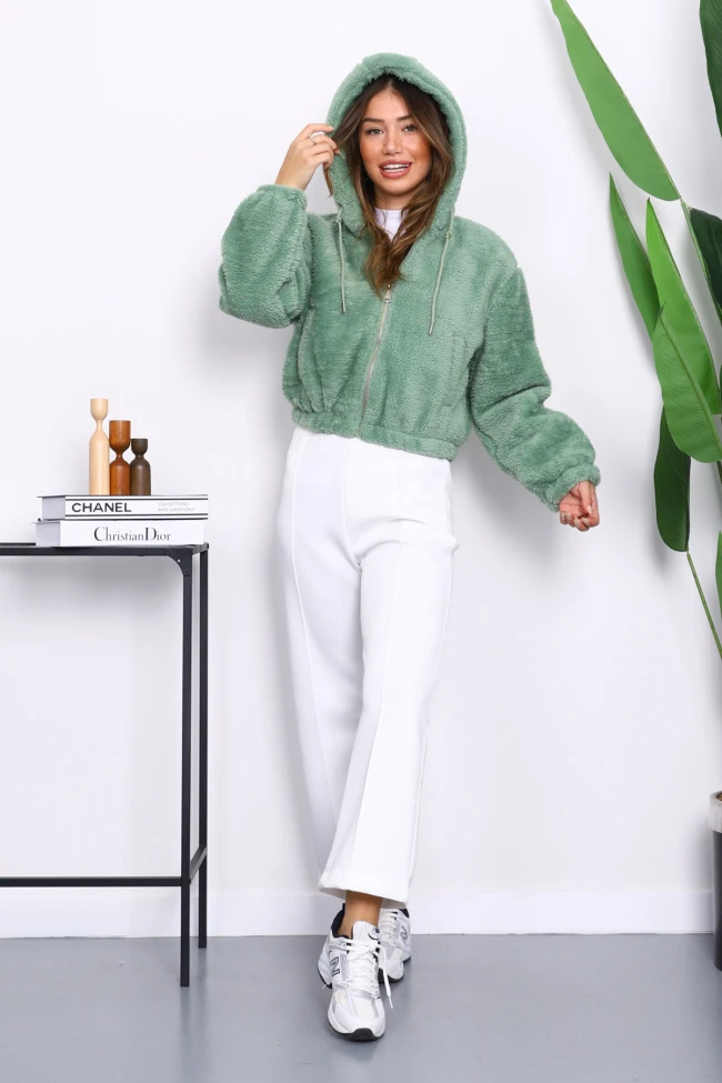 Mint Kapüşonlu Kısa Peluş Mont