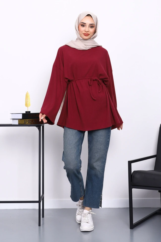 Mürdüm Bisiklet Yaka Bel Kuşaklı Tunik