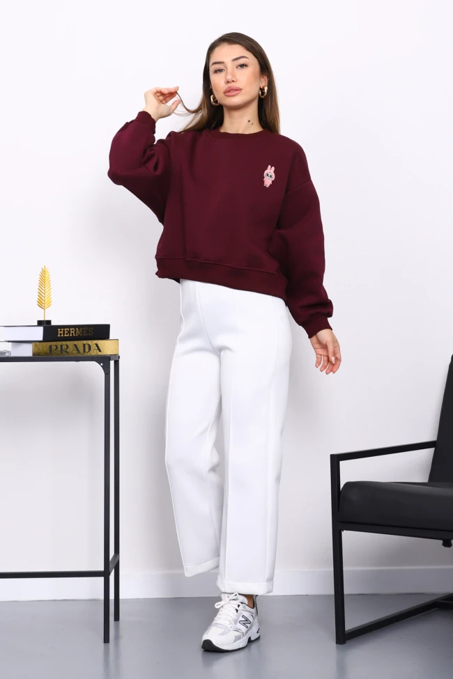 Mürdüm Bisiklet Yaka Nakışlı Üç İplik Kısa Oversize Sweat