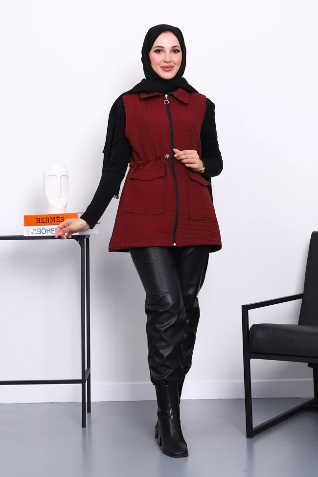 Mürdüm Fermuarlı Kapitone Yelek