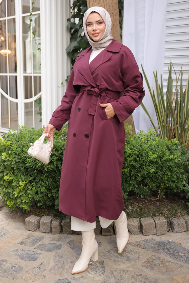 Mürdüm Kruvaze Yaka Bel Kuşaklı Trençkot