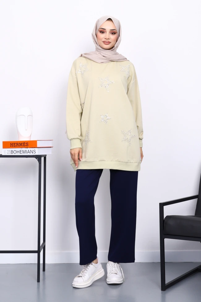 Olive Bisiklet Yaka Taşlı Modal Sweatshirt