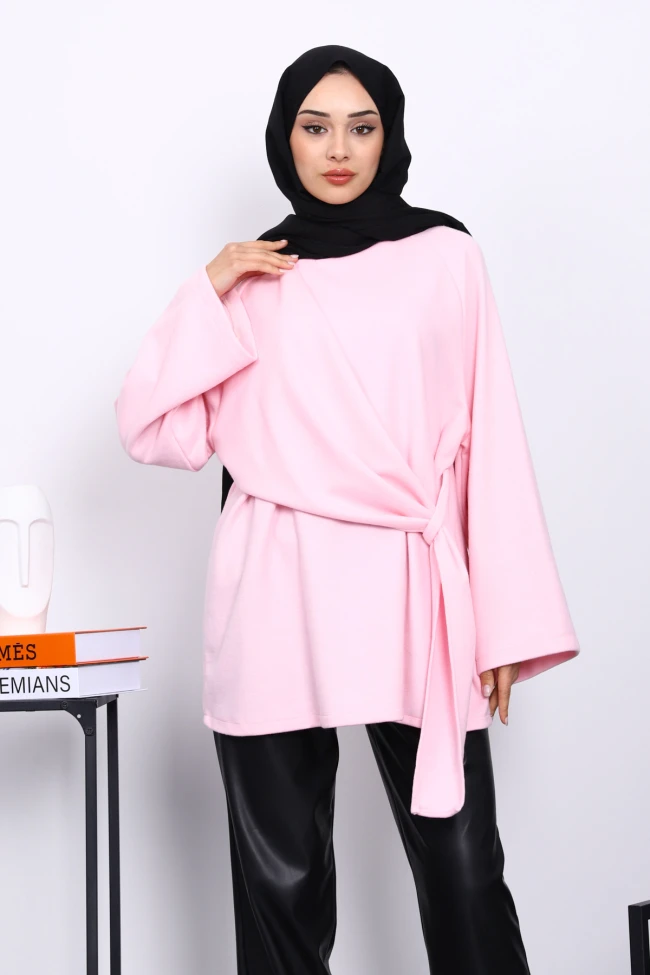 Pembe Yandan Şallı Fitilli Tunik