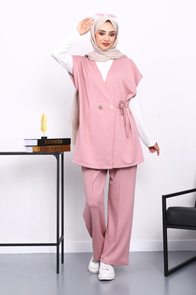 Pudra Yelekli Tunik Pantolon Üçlü Takım
