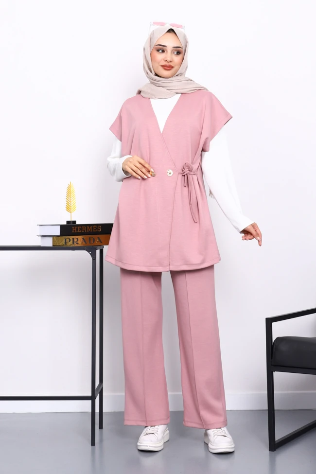 Pudra Yelekli Tunik Pantolon Üçlü Takım