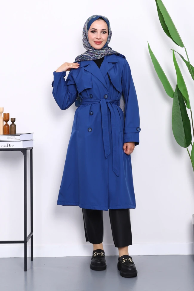 Saks Mavi Kravuze Yaka Bel Kemerli Düğmeli Trençkot