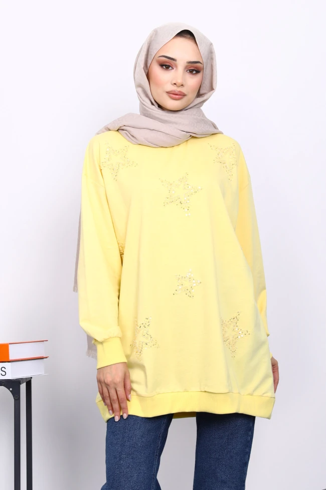 Sarı Bisiklet Yaka Taşlı Modal Sweatshirt