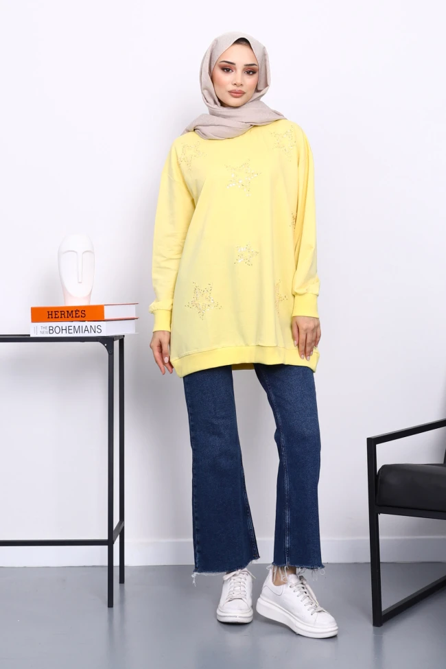 Sarı Bisiklet Yaka Taşlı Modal Sweatshirt