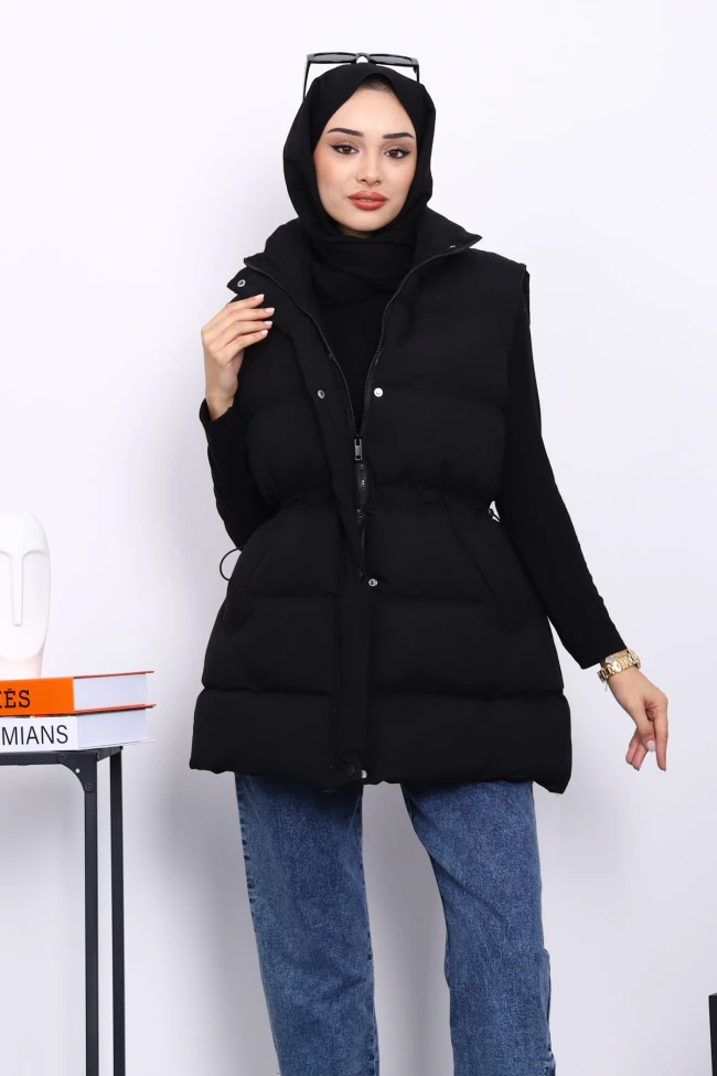 Siyah Bel Lastikli Cepli Şişme Yelek