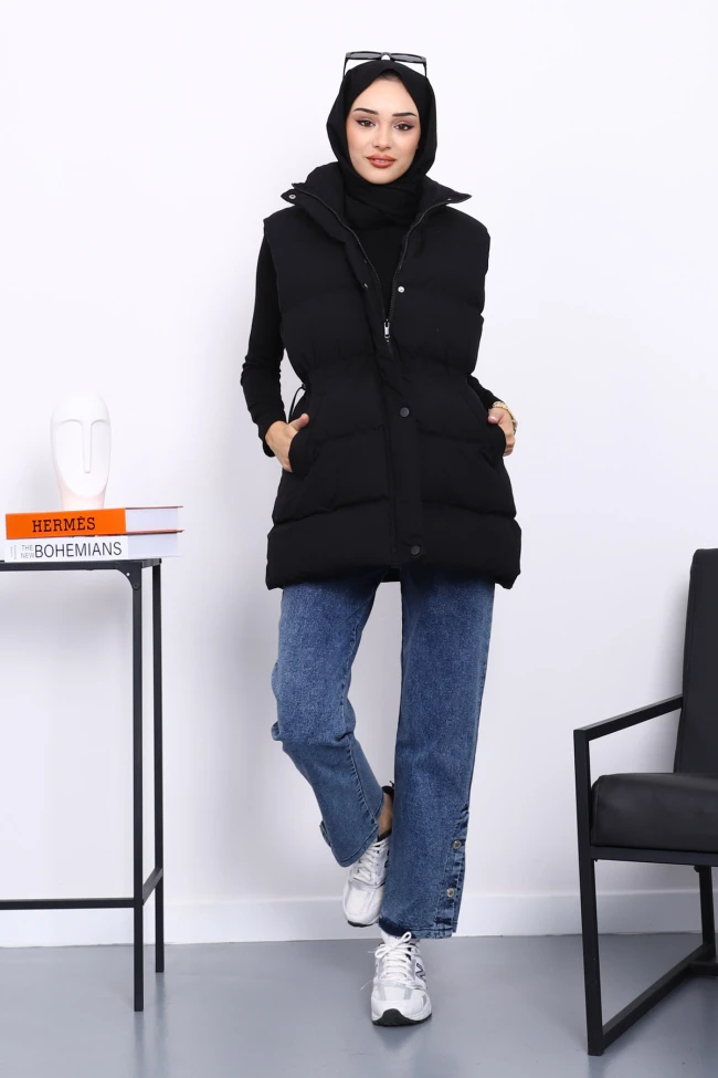 Siyah Bel Lastikli Cepli Şişme Yelek