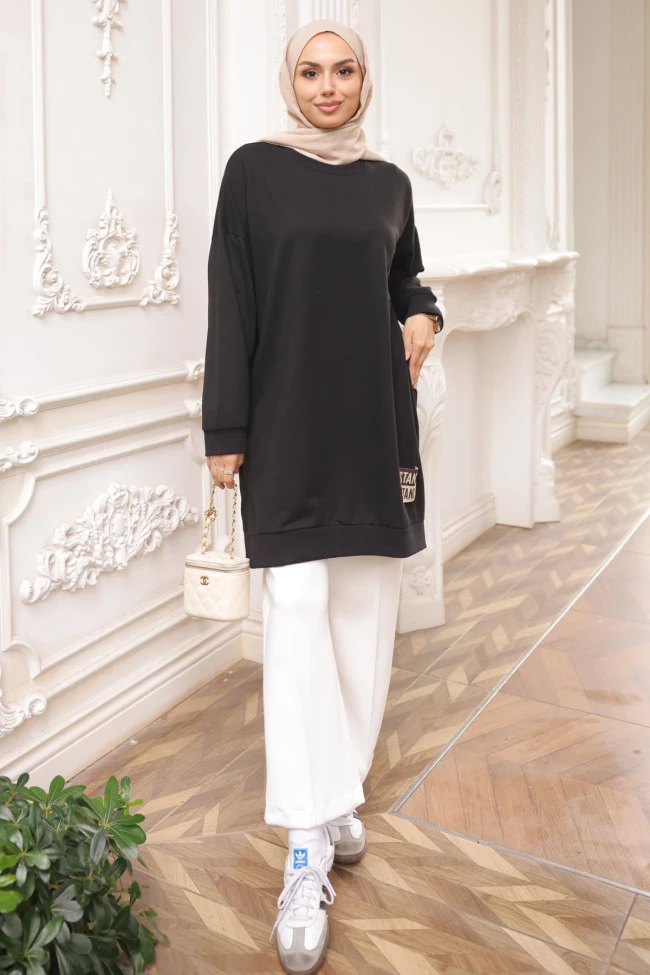 Siyah Bisiklet Yaka Armalı Tunik