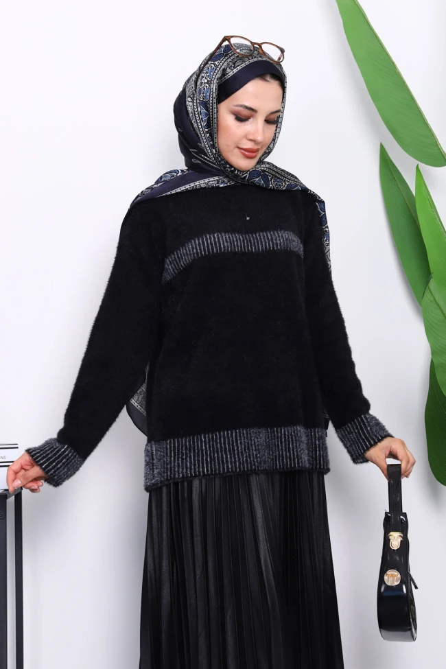 Siyah Bisiklet Yaka Çizgili Angora Yumoş Triko Kazak