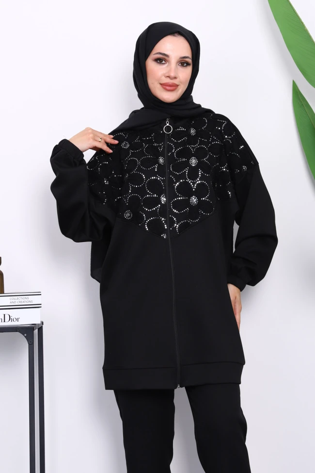 Siyah Çiçek Desenli Fermuarlı Tunik