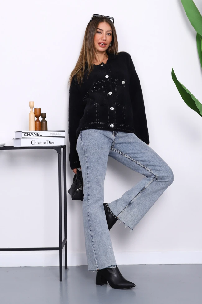 Siyah Angora Yumoş Triko Hırka