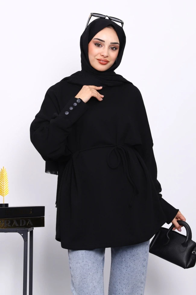 Siyah Düğme Detaylı Oversize Sweatshirt