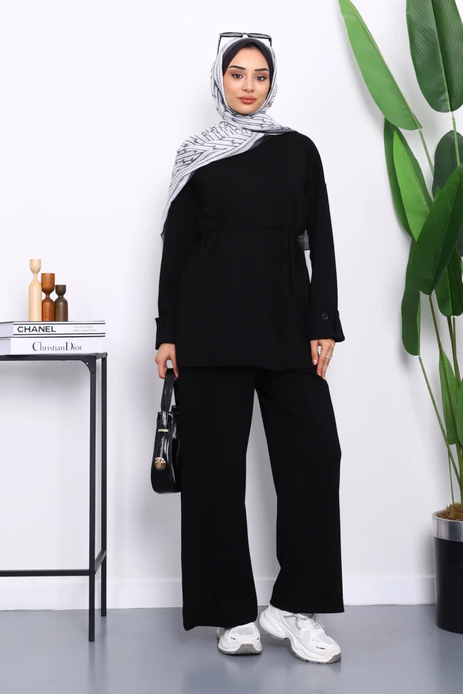 Siyah Düğme Detaylı Tunik Pantolonlu Modal Takım