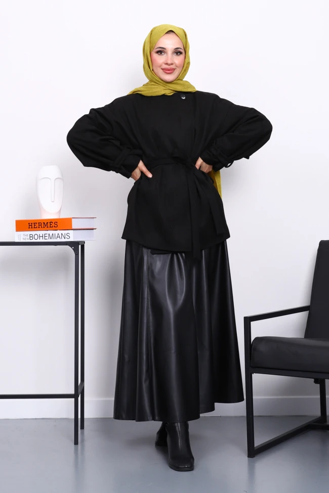 Siyah Kol Apoletli Astarlı Süet Ceket