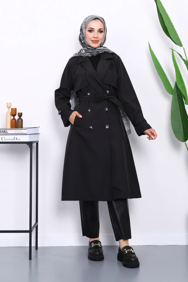 Siyah Kravuze Yaka Bel Kemerli Düğmeli Trençkot
