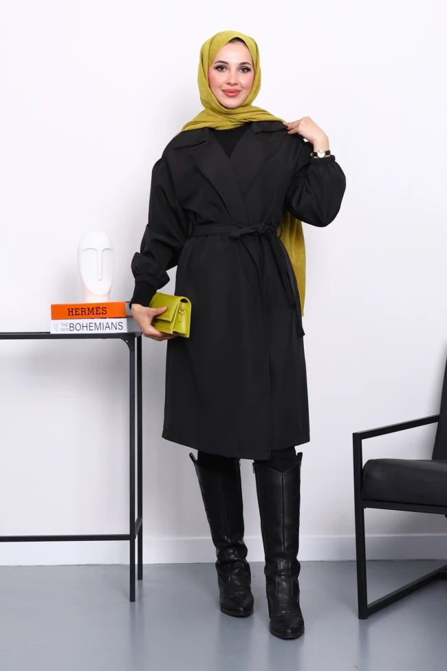 Siyah Kruvaze Yaka Kuşaklı Trençkot