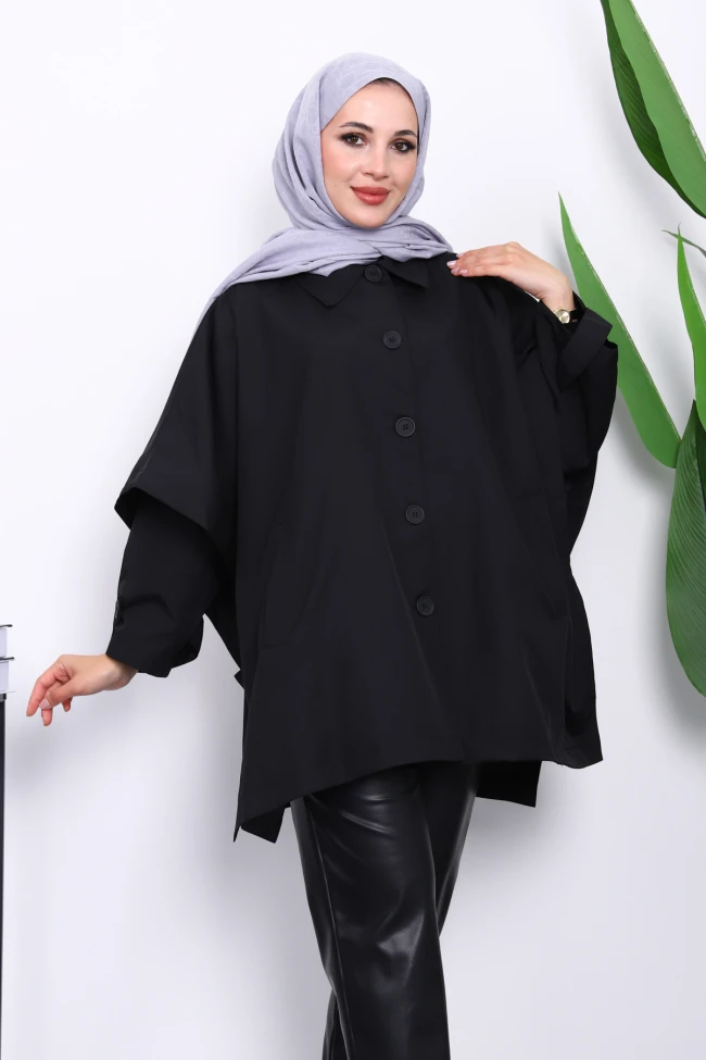 Siyah Oversize Düğmeli Panço Trenç