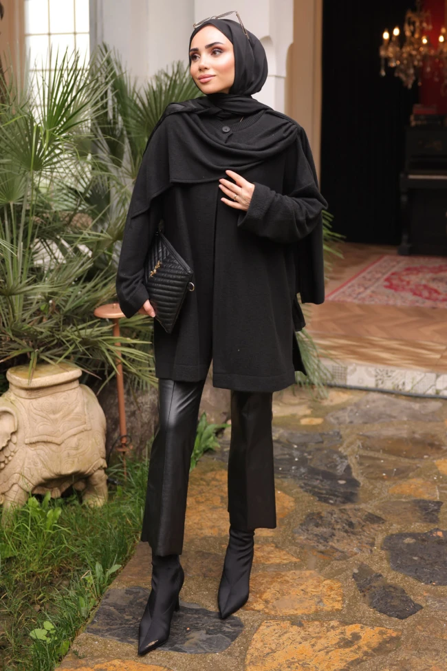 Siyah Şal Detaylı Dokulu Hırka