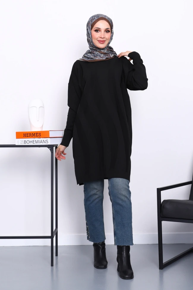 Siyah Soğuk İplik Merserize Triko Tunik
