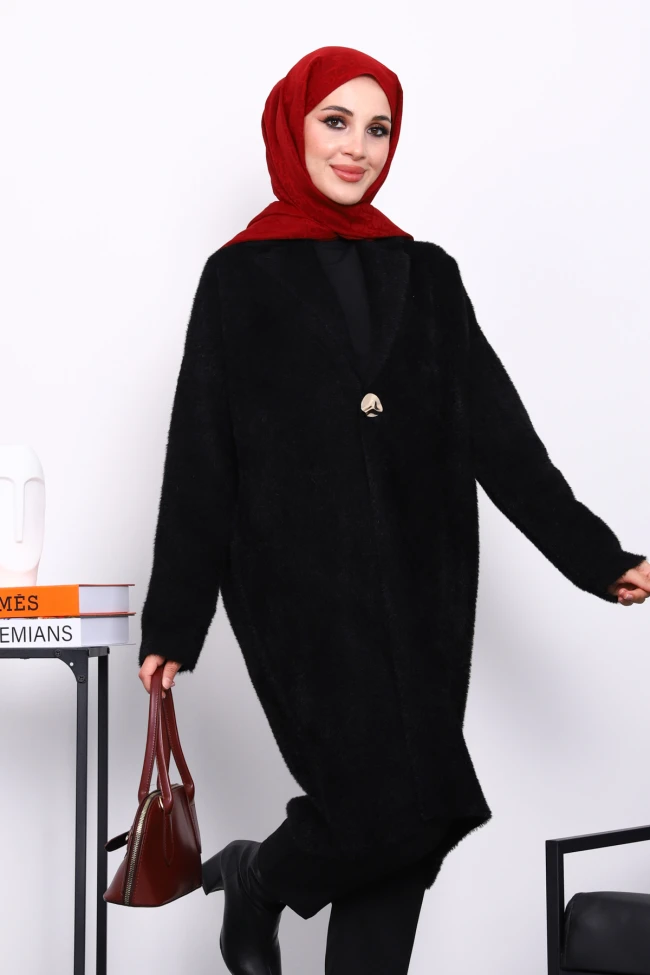 Siyah Tek Düğmeli Angora Yumoş Triko Hırka