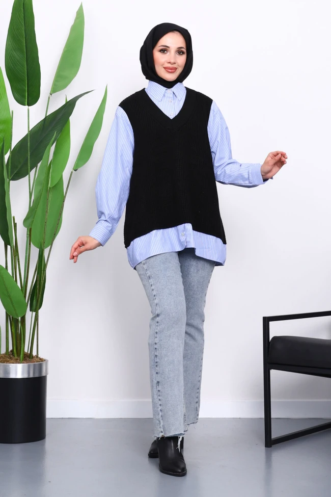 Siyah Triko Garnili Gömlek