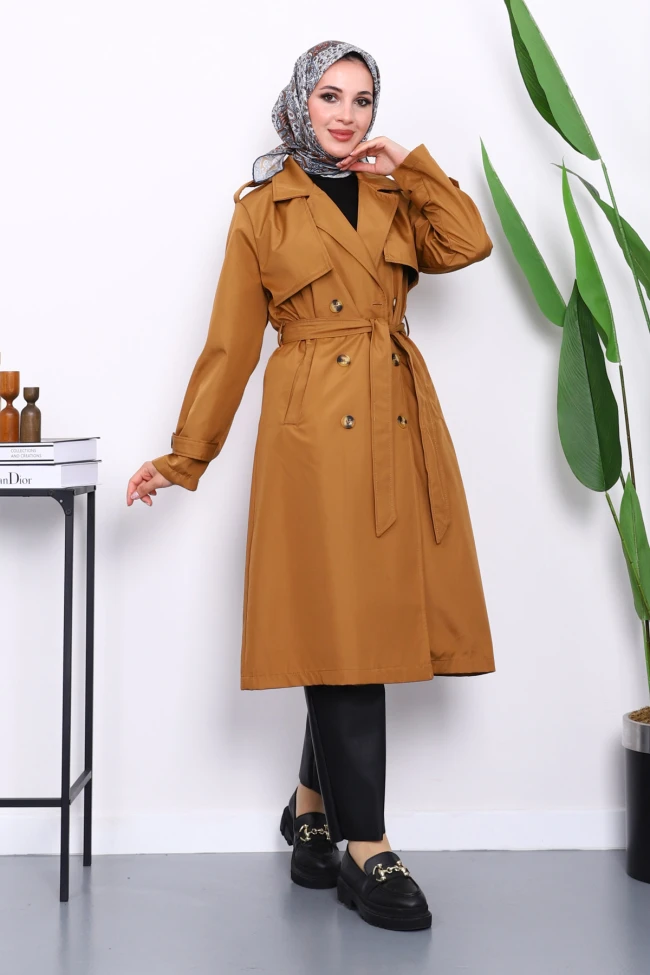 Taba Kravuze Yaka Bel Kemerli Düğmeli Trençkot