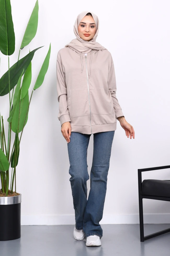 Taş Kapşonlu Fermuarlı Modal Sweat Hırka