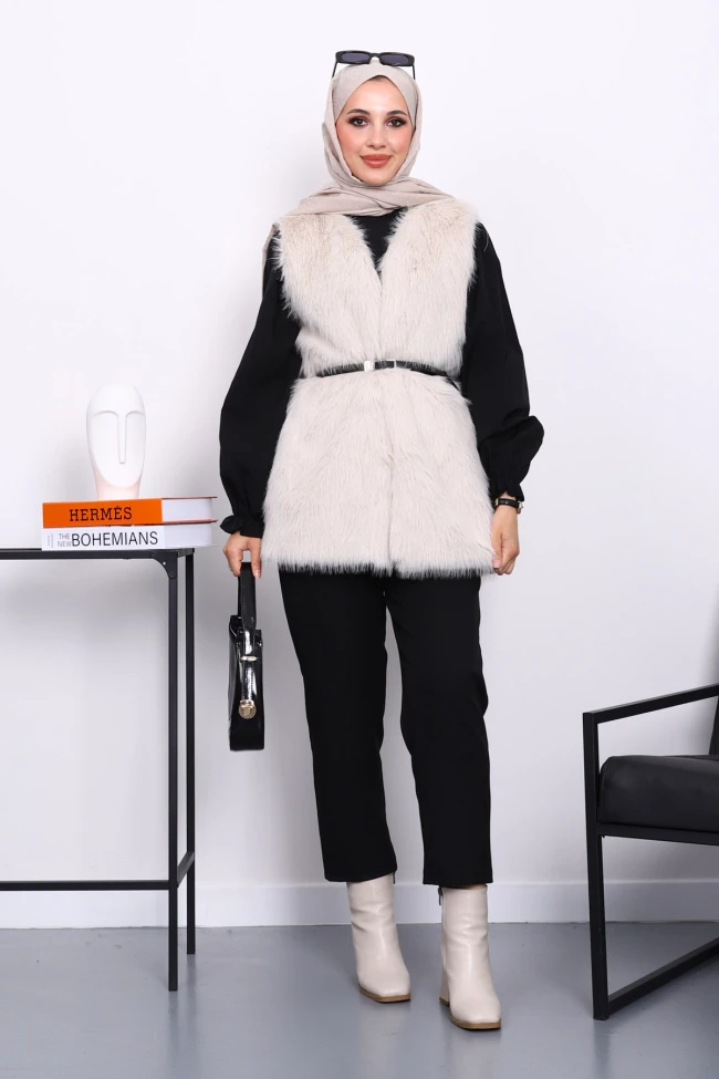 Taş Kemerli Astarlı Kürk Yelek