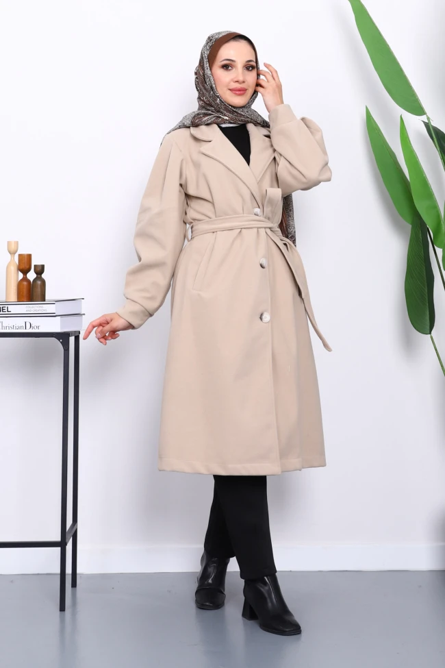 Vizon Balon Kol Bel Kemerli Kaşe Kaban