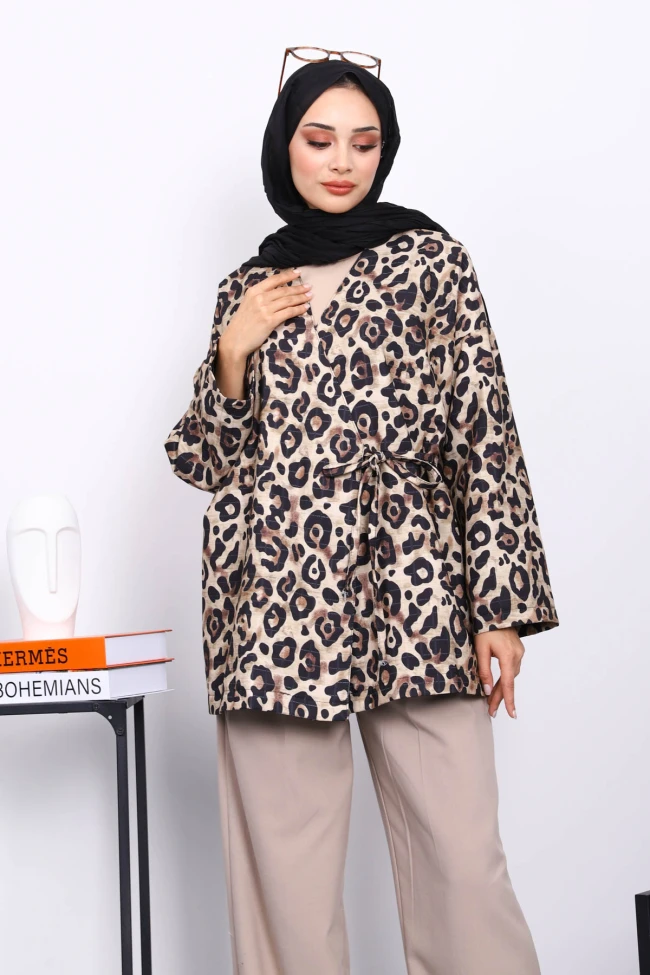 Vizon Etnik Desenli Yan Bağlamalı Kimono Ceket