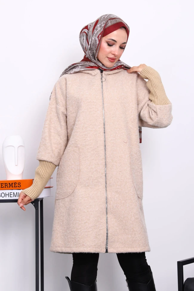 Vizon Fermuarlı Yün Kaşe Kaban