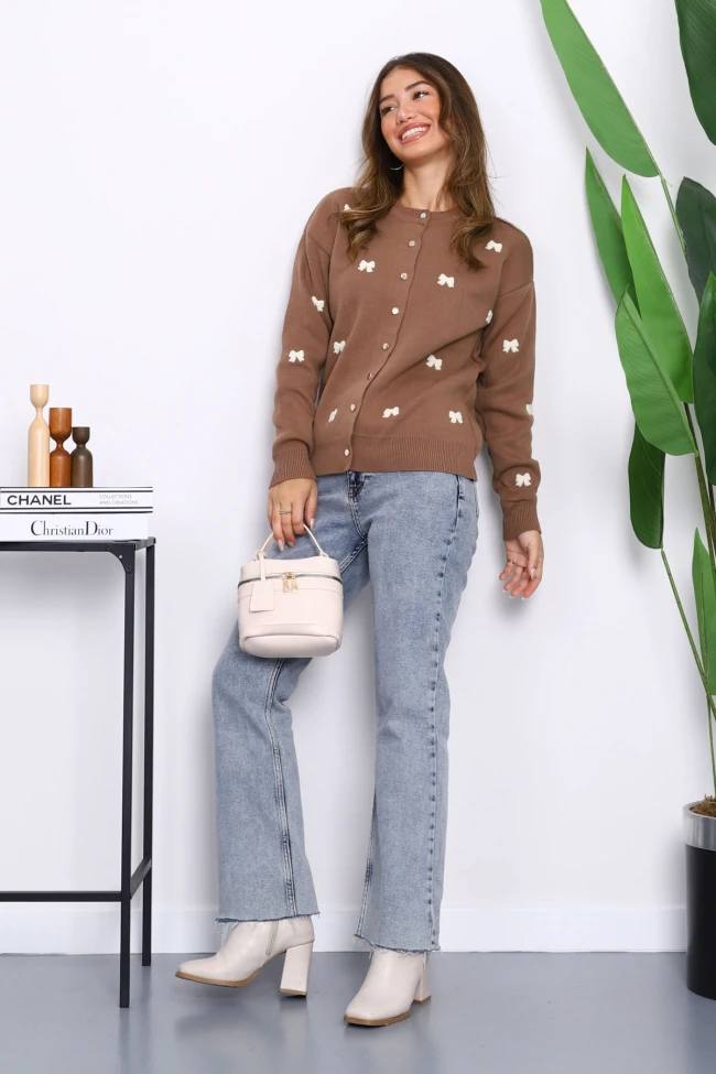 Vizon Fiyonk Nakışlı Triko Hırka