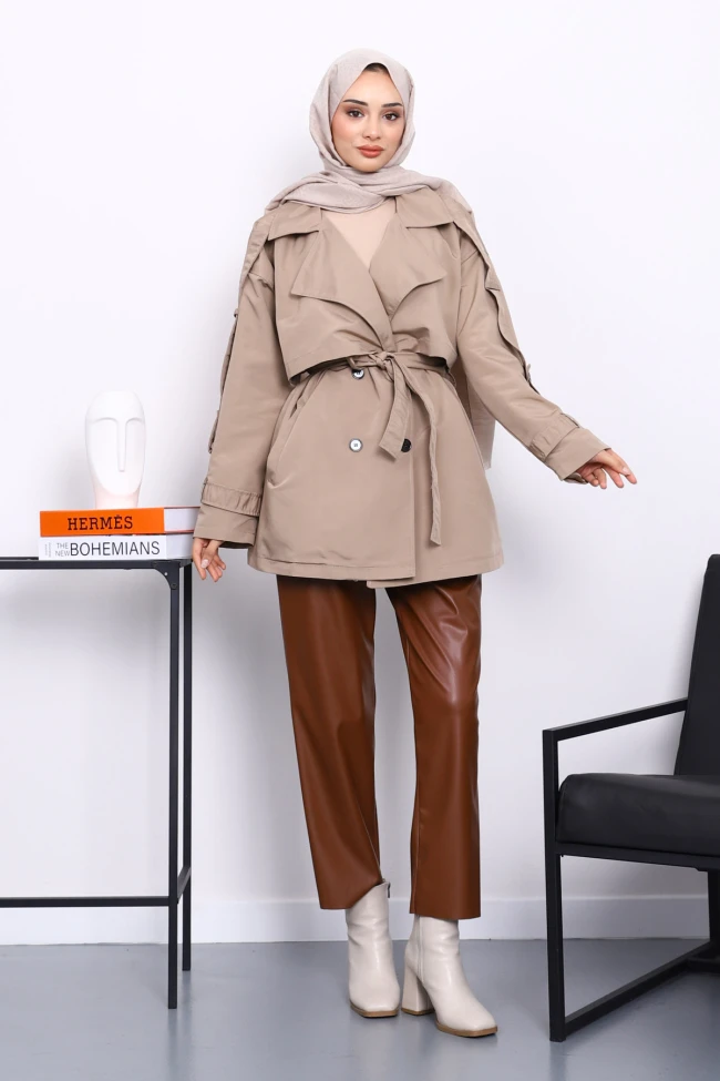 Vizon Kruvaze Yaka Astarlı Kısa Trençkot