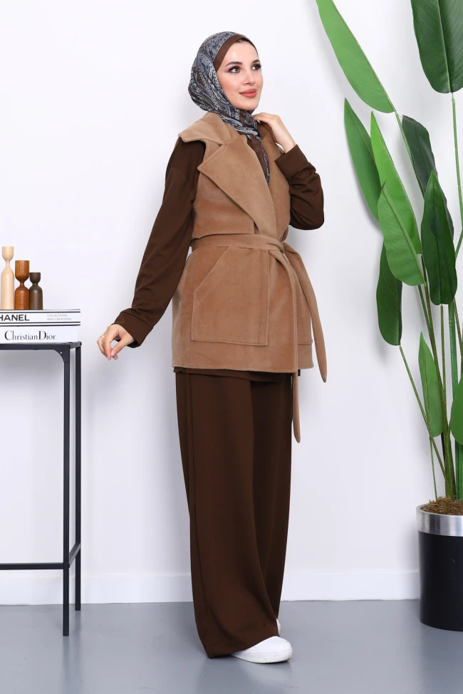 Vizon Kruvaze Yaka Kuşaklı Kaşe Yelek