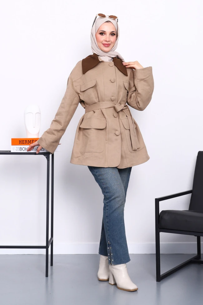 Vizon Yaka Garnili Cepli  Kuşaklı Trençkot