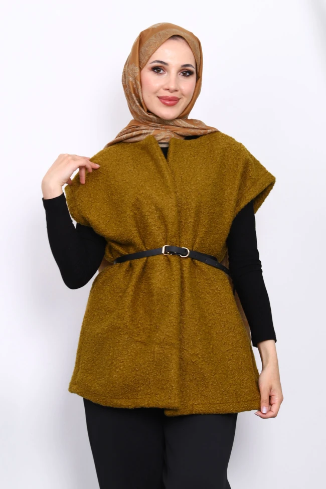 Yağ Yeşili Bel Kemerli Orkide Yelek