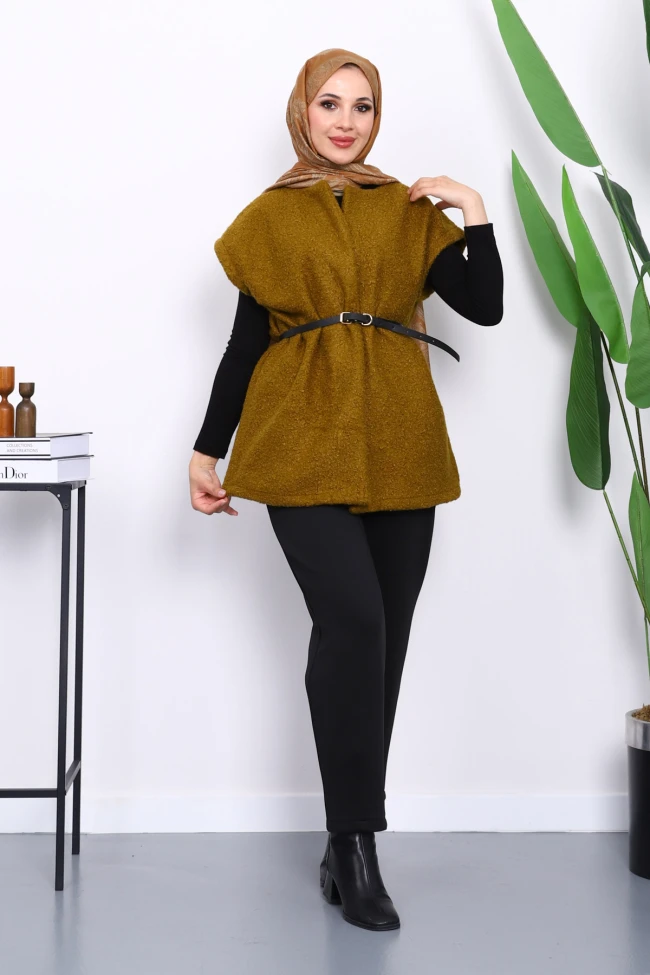 Yağ Yeşili Bel Kemerli Orkide Yelek