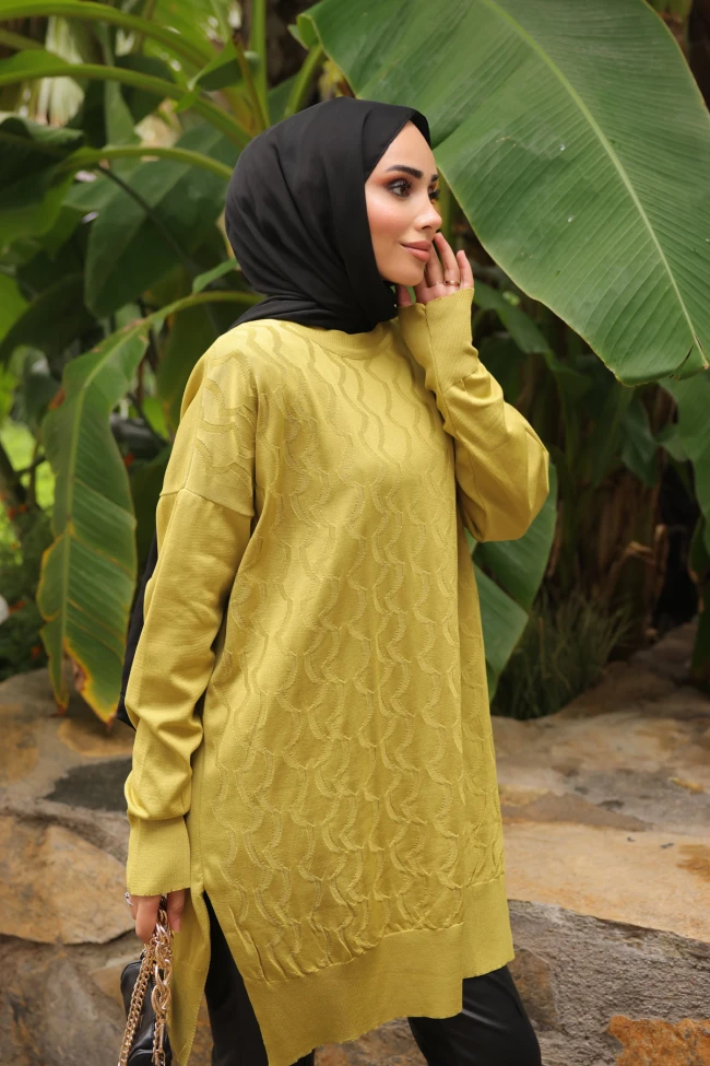 Yağ Yeşili Bisiklet Yaka Soğuk İplik Triko Tunik