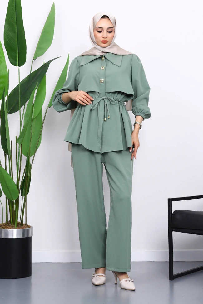 Yeşil Double Krep Tunik Pantolonlu Takım